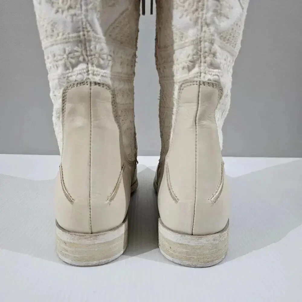 Free People Bren Knee High Boot Women EU 38.5 Cream Embroidered Boho Slouchy NEW